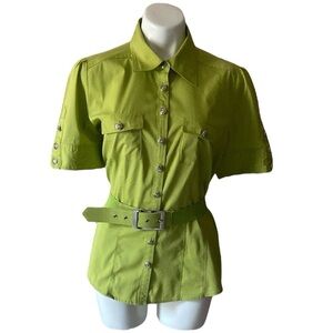 Cato Women’s Lime Green Button Down Short Sleeve Belted Shirt Size Large Cotton